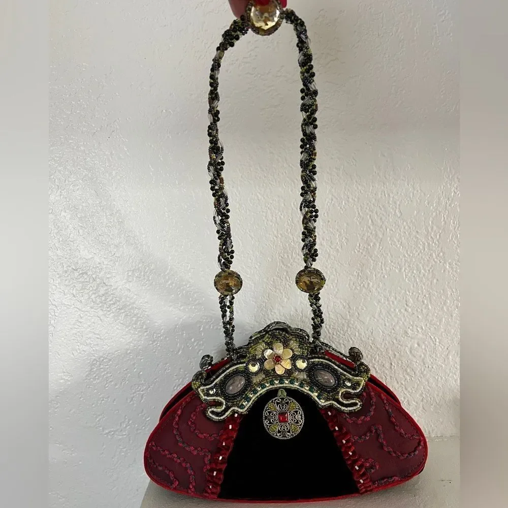 Vintage retro Mary Frances burgundy velvet embellished goth evening Y2K bag
